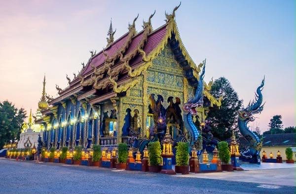 Blue and gold temple at dusk