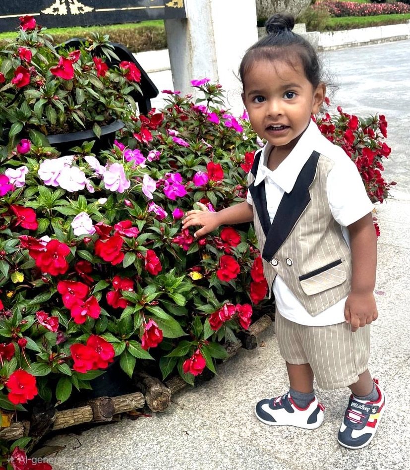 Toddler smiling next to red and pink flowers
