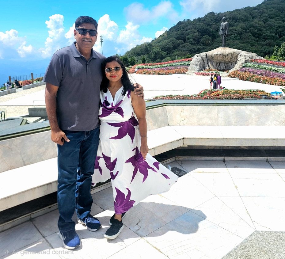 Couple posing on the pagoda terrace with mountains behind