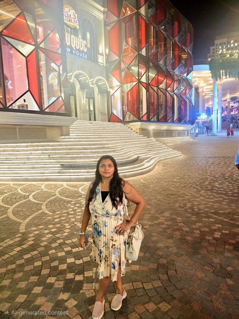 Woman standing in front of a red glass building at night