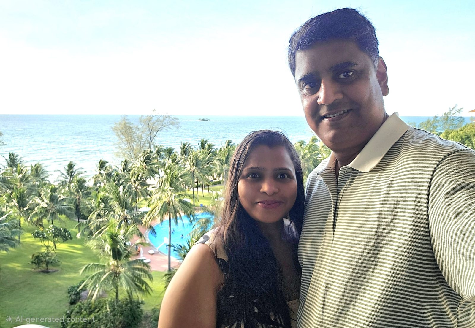 Couple selfie with resort gardens and sea behind
